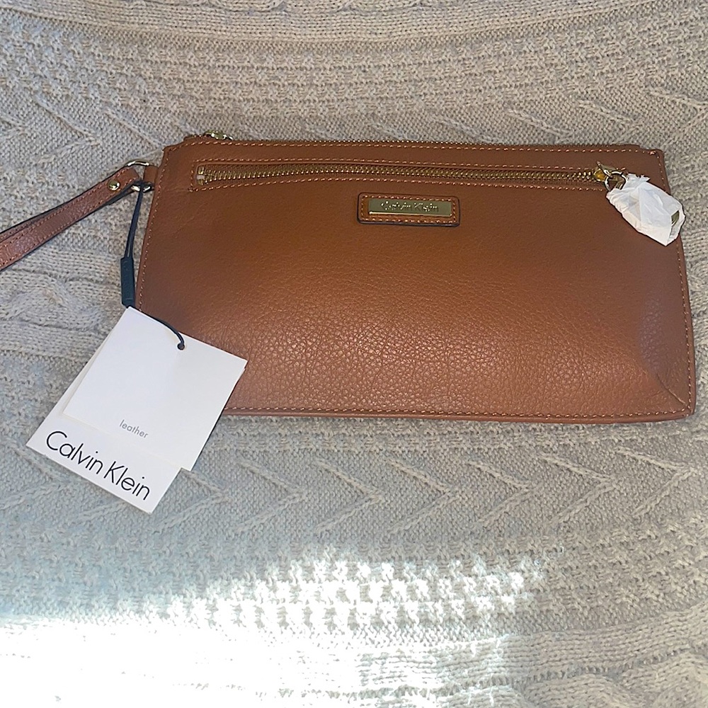 Calvin Klein Brown Leather Wristlet Clutch NWT